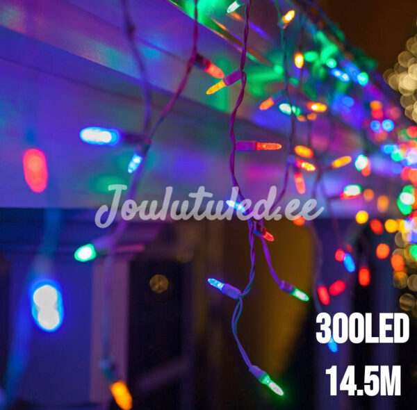300 LED lampiņu aizkars krāsains 14.5 m