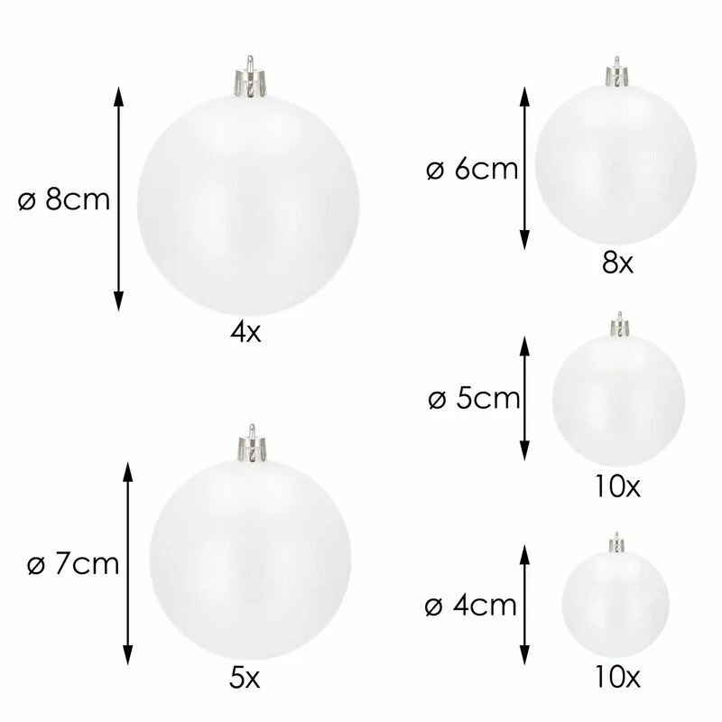 Kuuseehete komplekt 37 tk, pärlvalged kuulid Ø 2,5–7,5 cm